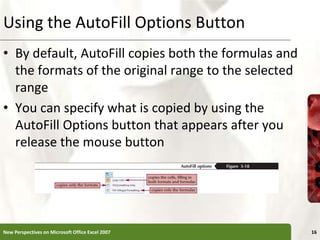 Using the AutoFill Options Button
• By default, AutoFill copies both the formulas and
the formats of the original range to the selected
range
• You can specify what is copied by using the
AutoFill Options button that appears after you
release the mouse button
New Perspectives on Microsoft Office Excel 2007 16
 