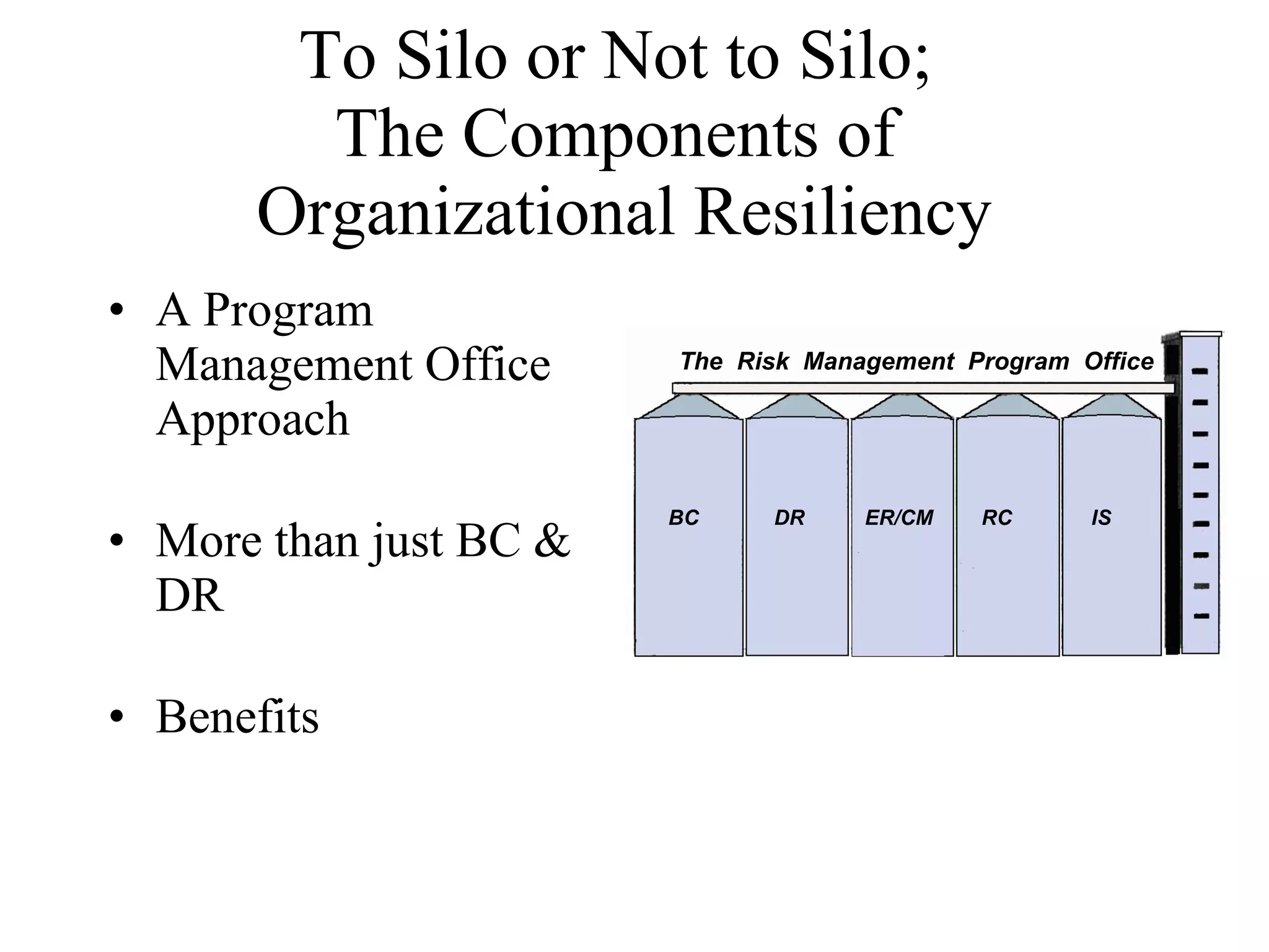 To Silo or Not to Silo;  The Components of  Organizational Resiliency A Program Management Office Approach More than just BC & DR Benefits BC DR ER/CM RC IS The  Risk  Management  Program  Office 