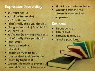 Expression Preventing
 You must not ...!
 You shouldn’t (really) ...
 You’d better not ...
 I don’t really think you should ...
 (For goodness sake) Don’t look!
 You can’t ...!
 You’re not (really) supposed to ...
 I don’t really think you should ...
 Stop! Wait!
 I have planned to….
 I decided to…..
 I made up my mind to…..
 I am resolved to do something.
 I must try to prevent …..
 We can’t do much to prevent ……
 I wouldn’t do that if I were you.
 I think it is not wise to do that.
 I wouldn’t take the risk
if I were in your position.
 Keep away ….
Respond
 I’ll consider that.
 I’ll think that.
 I’ll reschedule my plan
 It’s not a good idea.
 
