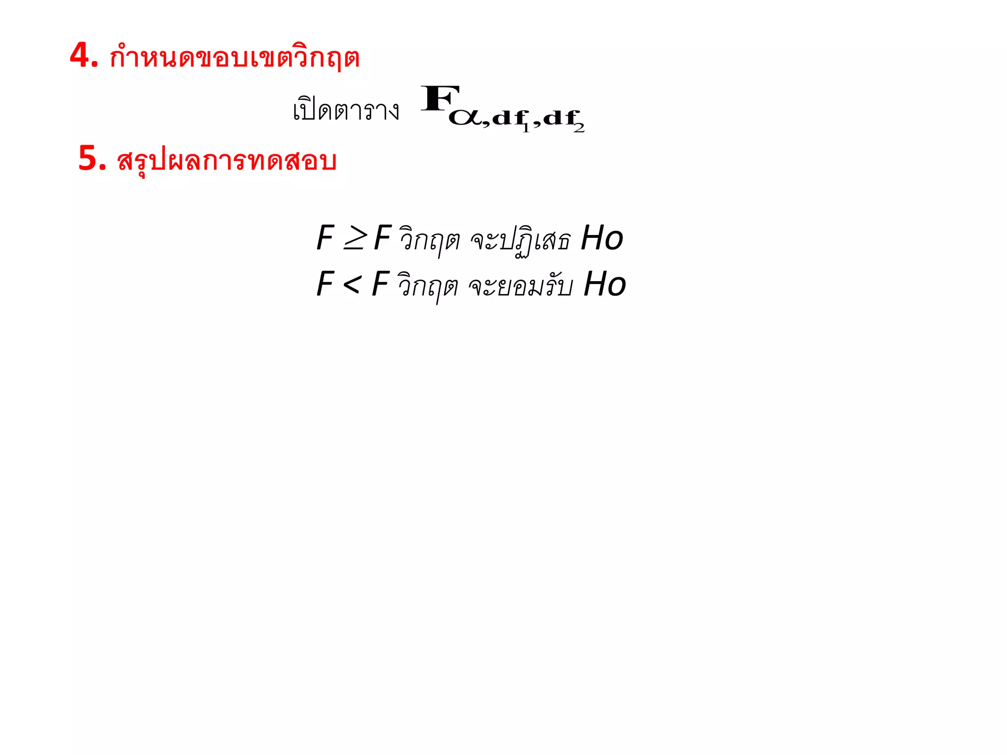 4. กำหนดขอบเขตวิกฤต
เปิดตาราง 21 df,df,F
5. สรุปผลกำรทดสอบ
F  F วิกฤต จะปฏิเสธ Ho
F < F วิกฤต จะยอมรับ Ho
 