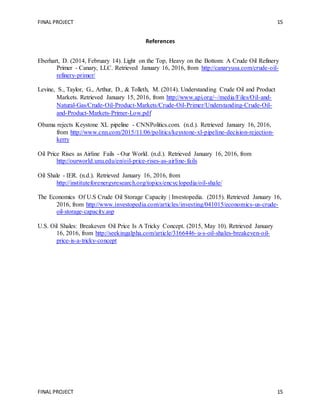 FINAL PROJECT 15
FINAL PROJECT 15
References
Eberhart, D. (2014, February 14). Light on the Top, Heavy on the Bottom: A Crude Oil Refinery
Primer - Canary, LLC. Retrieved January 16, 2016, from http://canaryusa.com/crude-oil-
refinery-primer/
Levine, S., Taylor, G., Arthur, D., & Tolleth, M. (2014). Understanding Crude Oil and Product
Markets. Retrieved January 15, 2016, from http://www.api.org/~/media/Files/Oil-and-
Natural-Gas/Crude-Oil-Product-Markets/Crude-Oil-Primer/Understanding-Crude-Oil-
and-Product-Markets-Primer-Low.pdf
Obama rejects Keystone XL pipeline - CNNPolitics.com. (n.d.). Retrieved January 16, 2016,
from http://www.cnn.com/2015/11/06/politics/keystone-xl-pipeline-decision-rejection-
kerry
Oil Price Rises as Airline Fails - Our World. (n.d.). Retrieved January 16, 2016, from
http://ourworld.unu.edu/en/oil-price-rises-as-airline-fails
Oil Shale - IER. (n.d.). Retrieved January 16, 2016, from
http://instituteforenergyresearch.org/topics/encyclopedia/oil-shale/
The Economics Of U.S Crude Oil Storage Capacity | Investopedia. (2015). Retrieved January 16,
2016, from http://www.investopedia.com/articles/investing/041015/economics-us-crude-
oil-storage-capacity.asp
U.S. Oil Shales: Breakeven Oil Price Is A Tricky Concept. (2015, May 10). Retrieved January
16, 2016, from http://seekingalpha.com/article/3166446-u-s-oil-shales-breakeven-oil-
price-is-a-tricky-concept
 
