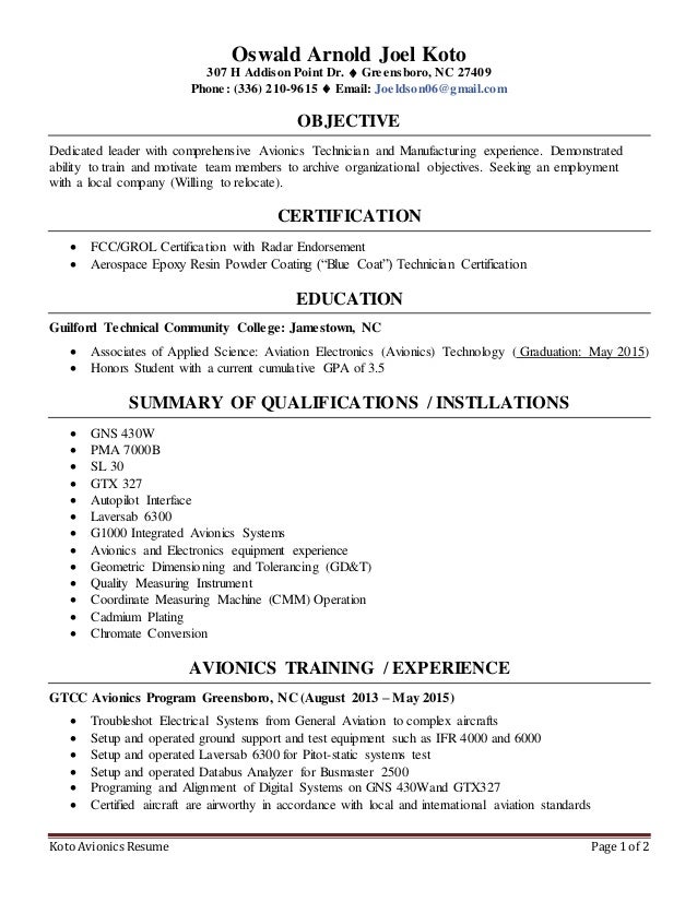 Avionics Technician Resume