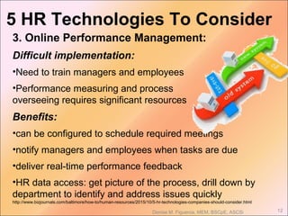 3. Online Performance Management:
Difficult implementation:
•Need to train managers and employees
•Performance measuring and process
overseeing requires significant resources
Benefits:
•can be configured to schedule required meetings
•notify managers and employees when tasks are due
•deliver real-time performance feedback
•HR data access: get picture of the process, drill down by
department to identify and address issues quickly
http://www.bizjournals.com/baltimore/how-to/human-resources/2015/10/5-hr-technologies-companies-should-consider.html
Denise M. Figueroa, MEM, BSCpE, ASCSi 12
5 HR Technologies To Consider
 