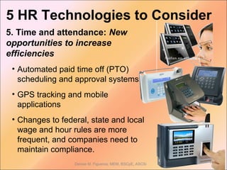 5 HR Technologies to Consider
Denise M. Figueroa, MEM, BSCpE, ASCSi 14
5. Time and attendance: New
opportunities to increase
efficiencies
• Automated paid time off (PTO)
scheduling and approval systems
• GPS tracking and mobile
applications
• Changes to federal, state and local
wage and hour rules are more
frequent, and companies need to
maintain compliance.
 