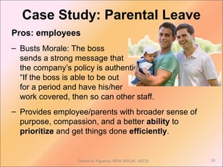 Pros: employees
– Busts Morale: The boss
sends a strong message that
the company’s policy is authentic:
“If the boss is able to be out
for a period and have his/her
work covered, then so can other staff.
– Provides employee/parents with broader sense of
purpose, compassion, and a better ability to
prioritize and get things done efficiently.
33Denise M. Figueroa, MEM, BSCpE, ASCSi
Case Study: Parental Leave
 