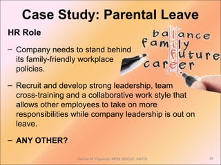 HR Role
– Company needs to stand behind
its family-friendly workplace
policies.
– Recruit and develop strong leadership, team
cross-training and a collaborative work style that
allows other employees to take on more
responsibilities while company leadership is out on
leave.
– ANY OTHER?
35Denise M. Figueroa, MEM, BSCpE, ASCSi
Case Study: Parental Leave
 