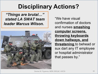 “Things are brutal…”
stated LA SWAT team
leader Marcus Wilson.
38Denise M. Figueroa, MEM, BSCpE, ASCSi
“We have visual
confirmation of doctors
and nurses smashing
computer screens,
throwing keyboards
down hallways, and
threatening to behead or
sux dart any IT employee
or hospital administrator
that passes by.”
Disciplinary Actions?
 