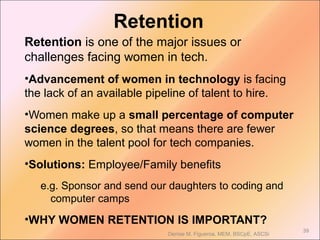 Retention is one of the major issues or
challenges facing women in tech.
•Advancement of women in technology is facing
the lack of an available pipeline of talent to hire.
•Women make up a small percentage of computer
science degrees, so that means there are fewer
women in the talent pool for tech companies.
•Solutions: Employee/Family benefits
e.g. Sponsor and send our daughters to coding and
computer camps
•WHY WOMEN RETENTION IS IMPORTANT?
39
Denise M. Figueroa, MEM, BSCpE, ASCSi
Retention
 