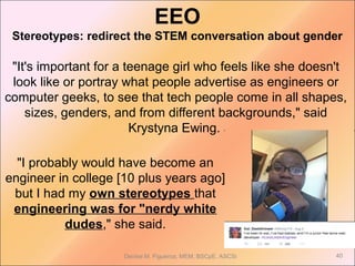 EEO
Stereotypes: redirect the STEM conversation about gender
"It's important for a teenage girl who feels like she doesn't
look like or portray what people advertise as engineers or
computer geeks, to see that tech people come in all shapes,
sizes, genders, and from different backgrounds," said
Krystyna Ewing.
40Denise M. Figueroa, MEM, BSCpE, ASCSi
"I probably would have become an
engineer in college [10 plus years ago]
but I had my own stereotypes that
engineering was for "nerdy white
dudes," she said.
 