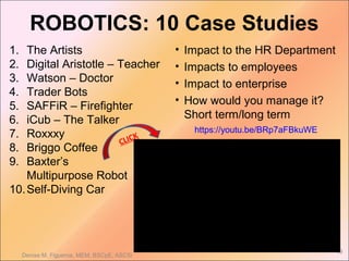 ROBOTICS: 10 Case Studies
1. The Artists
2. Digital Aristotle – Teacher
3. Watson – Doctor
4. Trader Bots
5. SAFFiR – Firefighter
6. iCub – The Talker
7. Roxxxy
8. Briggo Coffee
9. Baxter’s
Multipurpose Robot
10.Self-Diving Car
• Impact to the HR Department
• Impacts to employees
• Impact to enterprise
• How would you manage it?
Short term/long term
https://youtu.be/BRp7aFBkuWE
49
Denise M. Figueroa, MEM, BSCpE, ASCSi
CLICK
 