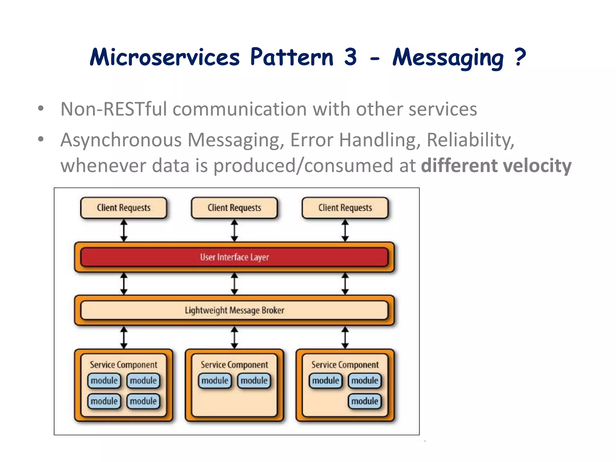 Microservices Pattern 3 - Messaging ?
• Non-RESTful communication with other services
• Asynchronous Messaging, Error Handling, Reliability,
whenever data is produced/consumed at different velocity
 