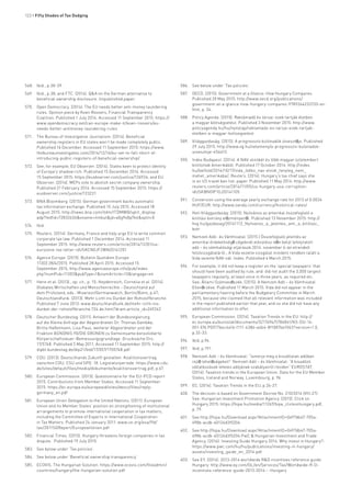 122 • Fifty Shades of Tax Dodging
568.	 Ibid., p.38-39.
569.	 Ibid., p.38; and FTC. (2014). Q&A on the German alternative to
beneficial ownership disclosure. Unpublished paper.
570.	 Open Democracy. (2014). The EU needs better anti-money laundering
rules. Opinion piece by Koen Roovers, Financial Transparency
Coalition. Published 1 July 2014. Accessed 11 September 2015: https://
www.opendemocracy.net/can-europe-make-it/koen-roovers/eu-
needs-better-antimoney-laundering-rules
571.	 The Bureau of Investigative Journalism. (2014). Beneficial
ownership registers in EU states won’t be made completely public.
Published 16 December. Accessed 11 September 2015: https://www.
thebureauinvestigates.com/2014/12/16/eu-set-to-fall-short-of-
introducing-public-registers-of-beneficial-ownership/
572.	 See, for example, EU Observer. (2014). States keen to protect identity
of Europe’s shadow rich. Published 15 December 2014. Accessed
15 September 2015: https://euobserver.com/justice/126924; and EU
Observer. (2014). MEPs vote to abolish secret company ownership.
Published 21 February 2014. Accessed 15 September 2015: https://
euobserver.com/justice/123221
573.	 BNA Bloomberg. (2015). German government backs automatic
tax information exchange. Published 15 July 2015. Accessed 18
August 2015: http://news.bna.com/itdm/ITDMWB/split_display.
adp?fedfid=72832636&vname=itmbul&jd=a0g9x8p7k4&split=0
574.	 Ibid.
575.	 Reuters. (2014). Germany, France and Italy urge EU to write common
corporate tax law. Published 1 December 2014. Accessed 11
September 2015: http://www.reuters.com/article/2014/12/01/us-
eurozone-tax-letter-idUSKCN0JF2WN20141201
576.	 Agence Europe. (2015). Bulletin Quotidien Europe
11303 28/4/2015. Published 28 April 2015. Accessed 15
September 2015; http://www.agenceeurope.info/pub/index.
php?numPub=11303&pubType=1&numArticle=13&langage=en
577.	 Henn et al. (2013)., op. cit., p. 15; Heydenreich, Cornelia et al. (2014).
Globales Wirtschaften und Menschenrechte – Deutschland auf
dem Prüfstand, eds.: Misereor/Germanwatch, Berlin/Bonn, p.47;
Deutschlandfunk. (2013). Mehr Licht ins Dunkel der Rohstoffbranche.
Published 7 June 2013: www.deutschlandfunk.de/mehr-licht-ins-
dunkel-der-rohstoffbranche.724.de.html?dram:article_id=249242
578.	 Deutscher Bundestag. (2011). Antwort der Bundesregierung
auf die Kleine Anfrage der Abgeordneten Dr. Thomas Gambke,
Britta Haßelmann, Lisa Paus, weiterer Abgeordneter und der
Fraktion BÜNDNIS 90/DIE GRÜNEN zu Gemeinsame konsolidierte
Körperschaftsteuer-Bemessungsgrundlage. Drucksache Drs.
17/5748. Published 5 May 2011. Accessed 11 September 2015: http://
dipbt.bundestag.de/dip21/btd/17/057/1705748.pdf
579.	 CDU. (2013). Deutschlands Zukunft gestalten. Koalitionsvertrag
zwischen CDU, CSU und SPD. 18. Legislaturperiode. https://www.cdu.
de/sites/default/files/media/dokumente/koalitionsvertrag.pdf, p.67.
580.	 European Commission. (2015). Questionnaire for the EU-PCD report
2015: Contributions from Member States. Accessed 11 September
2015: https://ec.europa.eu/europeaid/sites/devco/files/reply-
germany_en.pdf
581.	 European Union Delegation to the United Nations. (2011). European
Union and its Member States’ position on strengthening of institutional
arrangements to promote international cooperation in tax matters,
including the Committee of Experts in International Cooperation
in Tax Matters. Published 24 January 2011: www.un.org/esa/ffd/
tax/2011SGReport/EuropeanUnion.pdf
582.	 Financial Times. (2015). Hungary threatens foreign companies in tax
dispute. Published 19 July 2015.
583.	 See below under ’Tax policies’.
584.	 See below under ‘Beneficial ownership transparency’.
585.	 ECOVIS. The Hungarian Solution: https://www.ecovis.com/fileadmin/
countries/hungary/the-hungarian-solution.pdf
586.	 See below under ’Tax policies’.
587.	 OECD. (2015). Government at a Glance: How Hungary Compares.
Published 20 May 2015: http://www.oecd.org/publications/
government-at-a-glance-how-hungary-compares-9789264233720-en.
htm, p. 34.
588.	 Policy Agenda. (2015). Reklámadó és társai: ezek tartják életben
a magyar költségvetést. Published 3 November 2015: http://www.
policyagenda.hu/hu/nyitolap/reklamado-es-tarsai-ezek-tartjak-
eletben-a-magyar-koltsegvetest
589.	 Világgazdaság. (2015). A progresszív különadók útvesztője. Published
29 July 2015: http://www.vg.hu/velemeny/a-progressziv-kulonadok-
utvesztoje-454613
590.	 Index Budapest. (2014). A NAV-elnökét és több magyar üzletembert
kitiltottak Amerikából. Published 17 October 2014: http://index.
hu/belfold/2014/10/17/vida_ildiko_nav-elnok_tenyleg_nem_
mehet_amerikaba/; Reuters. (2014). Hungary’s tax chief says she
is on US travel ban list: paper. Published 11 May 2014: http://www.
reuters.com/article/2014/11/05/us-hungary-usa-corruption-
idUSKBN0IP10J20141105
591.	 Conversion using the average yearly exchange rate for 2013 of 0.0034
HUF/EUR: http://www.oanda.com/currency/historical-rates/
592.	 Heti Világgazdaság. (2015). Nyilvános az amerikai összefoglaló a
kitiltási botrány előzményeiről. Published 13 November 2015: http://
hvg.hu/gazdasag/20141113_Nyilvanos_a_jelentes_ami_a_kitiltasi_
botr
593.	 Nemzeti Adó- és Vámhivatal. (2015.) Összefoglaló jelentés az
amerikai érdekeltségű cégeknél elévüléso időn belül lefolytatott
adó – és vámhatósági eljárások 2014. november 6-án elrendelt
felülvizsgálatáról.; A Vida vezette vizsgálat mindent rendben talált a
Vida vezette NAV-nál. Index. Published 4 March 2015.
594.	 For example, it did not keep a register on the ‘special taxpayers’ that
should have been audited by rule, and did not audit the 3,000 largest
taxpayers regularly, at least once in three years, as required etc.
See: Állami Számvevőszék. (2015). A Nemzeti Adó – és Vámhivatal
Ellenőrzése. Published 11 March 2015. Vida did not appear in the
parliamentary hearing before the Budgetary Committee in March
2015, because she claimed that all relevant information was included
in the report published earlier that year, and so she did not have any
additional information to offer.	
595.	 European Commission. (2014). Taxation Trends in the EU: http://
ec.europa.eu/eurostat/documents/3217494/5786841/KS-DU-14-
001-EN.PDF/7bec4a16-f111-4386-a4b4-8f1087be1063?version=1.0,
p.32-33.
596.	 Ibid, p.96.
597.	 Ibid, p.191.
598.	 Nemzeti Adó – és Vámhivatal: “Ismerje meg a kisvállalati adóban
rejlő lehetőségeket!” Nemzeti Adó – és Vámhivatal: “A kisadózó
vállalkozások tételes adójának szabályairól röviden” EUROSTAT.
(2014). Taxation trends in the European Union. Data for the EU Member
States, Iceland and Norway. Luxembourg, p. 96.
599.	 EC. (2014). Taxation Trends in the EU, p.26-27.
600.	 The decision is based on Government Decree No. 210/2014 (VIII.27).
See: Hungarian Investment Promotion Agency. (2015). Click on
Hungary 2015: https://hipa.hu/media/11267/hipa_clickonhungary.pdf,
p. 79.
601.	 See http://hipa.hu/Download.aspx?AttachmentID=0497db47-705a-
498b-acdb-40124d3f5204
602.	 See http://hipa.hu/Download.aspx?AttachmentID=0497db47-705a-
498b-acdb-40124d3f5204 PwC & Hungarian Investment and Trade
Agency. (2014). Investing Guide Hungary 2014. Why invest in Hungary?:
https://www.pwc.com/hu/hu/publications/investing-in-hungary/
assets/investing_guide_en_2014.pdf
603.	 See EY. (2014). 2013-2014 worldwide R&D incentives reference guide:
Hungary: http://www.ey.com/GL/en/Services/Tax/Worldwide-R-D-
incentives-reference-guide-2013-2014---Hungary
 