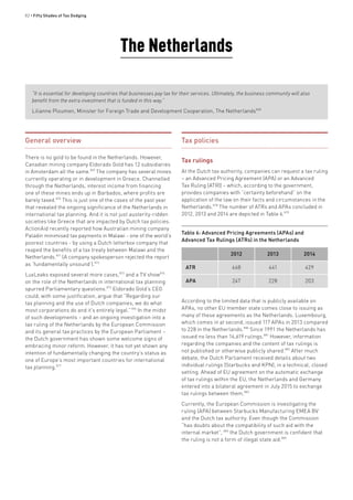 82 • Fifty Shades of Tax Dodging
The Netherlands
“It is essential for developing countries that businesses pay tax for their services. Ultimately, the business community will also
benefit from the extra investment that is funded in this way.”
Lilianne Ploumen, Minister for Foreign Trade and Development Cooperation, The Netherlands868
General overview
There is no gold to be found in the Netherlands. However,
Canadian mining company Eldorado Gold has 12 subsidiaries
in Amsterdam all the same.869
The company has several mines
currently operating or in development in Greece. Channelled
through the Netherlands, interest income from financing
one of these mines ends up in Barbados, where profits are
barely taxed.870
This is just one of the cases of the past year
that revealed the ongoing significance of the Netherlands in
international tax planning. And it is not just austerity-ridden
societies like Greece that are impacted by Dutch tax policies.
ActionAid recently reported how Australian mining company
Paladin minimised tax payments in Malawi - one of the world’s
poorest countries - by using a Dutch letterbox company that
reaped the benefits of a tax treaty between Malawi and the
Netherlands.871
(A company spokesperson rejected the report
as ‘fundamentally unsound’).872
LuxLeaks exposed several more cases,873
and a TV show874
on the role of the Netherlands in international tax planning
spurred Parliamentary questions.875
Eldorado Gold’s CEO
could, with some justification, argue that “Regarding our
tax planning and the use of Dutch companies, we do what
most corporations do and it’s entirely legal.”876
In the midst
of such developments – and an ongoing investigation into a
tax ruling of the Netherlands by the European Commission
and its general tax practices by the European Parliament –
the Dutch government has shown some welcome signs of
embracing minor reform. However, it has not yet shown any
intention of fundamentally changing the country’s status as
one of Europe’s most important countries for international
tax planning.877
Tax policies
Tax rulings
At the Dutch tax authority, companies can request a tax ruling
– an Advanced Pricing Agreement (APA) or an Advanced
Tax Ruling (ATR)) – which, according to the government,
provides companies with “certainty beforehand” on the
application of the law on their facts and circumstances in the
Netherlands.878
The number of ATRs and APAs concluded in
2012, 2013 and 2014 are depicted in Table 6.879
Table 6: Advanced Pricing Agreements (APAs) and
Advanced Tax Rulings (ATRs) in the Netherlands
2012 2013 2014
ATR 468 441 429
APA 247 228 203
According to the limited data that is publicly available on
APAs, no other EU member state comes close to issuing as
many of these agreements as the Netherlands. Luxembourg,
which comes in at second, issued 117 APAs in 2013 compared
to 228 in the Netherlands.880
Since 1991 the Netherlands has
issued no less than 14,619 rulings.881
However, information
regarding the companies and the content of tax rulings is
not published or otherwise publicly shared.882
After much
debate, the Dutch Parliament received details about two
individual rulings (Starbucks and KPN), in a technical, closed
setting. Ahead of EU agreement on the automatic exchange
of tax rulings within the EU, the Netherlands and Germany
entered into a bilateral agreement in July 2015 to exchange
tax rulings between them.883
Currently, the European Commission is investigating the
ruling (APA) between Starbucks Manufacturing EMEA BV
and the Dutch tax authority. Even though the Commission
“has doubts about the compatibility of such aid with the
internal market”, 884
the Dutch government is confident that
the ruling is not a form of illegal state aid.885
 
