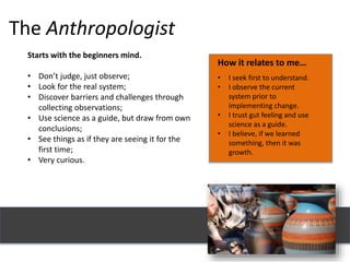 The Anthropologist
Starts with the beginners mind.
• Don’t judge, just observe;
• Look for the real system;
• Discover barriers and challenges through
collecting observations;
• Use science as a guide, but draw from own
conclusions;
• See things as if they are seeing it for the
first time;
• Very curious.
How it relates to me…
• I seek first to understand.
• I observe the current
system prior to
implementing change.
• I trust gut feeling and use
science as a guide.
• I believe, if we learned
something, then it was
growth.
 