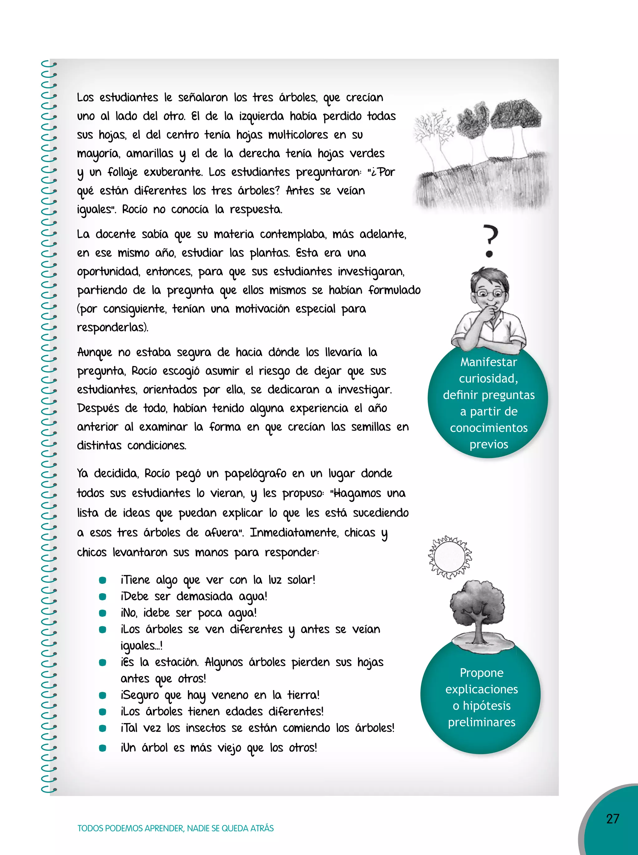 27
TODOS PODEMOS APRENDER, NADIE SE QUEDA ATRÁS
Los estudiantes le señalaron los tres árboles, que crecían
uno al lado del otro. El de la izquierda había perdido todas
sus hojas, el del centro tenía hojas multicolores en su
mayoría, amarillas y el de la derecha tenía hojas verdes
y un follaje exuberante. Los estudiantes preguntaron: ”¿Por
qué están diferentes los tres árboles? Antes se veían
iguales”. Rocío no conocía la respuesta.
La docente sabía que su materia contemplaba, más adelante,
en ese mismo año, estudiar las plantas. Esta era una
oportunidad, entonces, para que sus estudiantes investigaran,
partiendo de la pregunta que ellos mismos se habían formulado
(por consiguiente, tenían una motivación especial para
responderlas).
Aunque no estaba segura de hacia dónde los llevaría la
pregunta, Rocío escogió asumir el riesgo de dejar que sus
estudiantes, orientados por ella, se dedicaran a investigar.
Después de todo, habían tenido alguna experiencia el año
anterior al examinar la forma en que crecían las semillas en
distintas condiciones.
Ya decidida, Rocío pegó un papelógrafo en un lugar donde
todos sus estudiantes lo vieran, y les propuso: ”Hagamos una
lista de ideas que puedan explicar lo que les está sucediendo
a esos tres árboles de afuera”. Inmediatamente, chicas y
chicos levantaron sus manos para responder:
¡Tiene algo que ver con la luz solar!
¡Debe ser demasiada agua!
¡No, ¡debe ser poca agua!
¡Los árboles se ven diferentes y antes se veían
iguales…!
¡Es la estación. Algunos árboles pierden sus hojas
antes que otros!
¡Seguro que hay veneno en la tierra!
¡Los árboles tienen edades diferentes!
¡Tal vez los insectos se están comiendo los árboles!
¡Un árbol es más viejo que los otros!
Manifestar
curiosidad,
deﬁnir preguntas
a partir de
conocimientos
previos
Propone
explicaciones
o hipótesis
preliminares
Manifestar
 