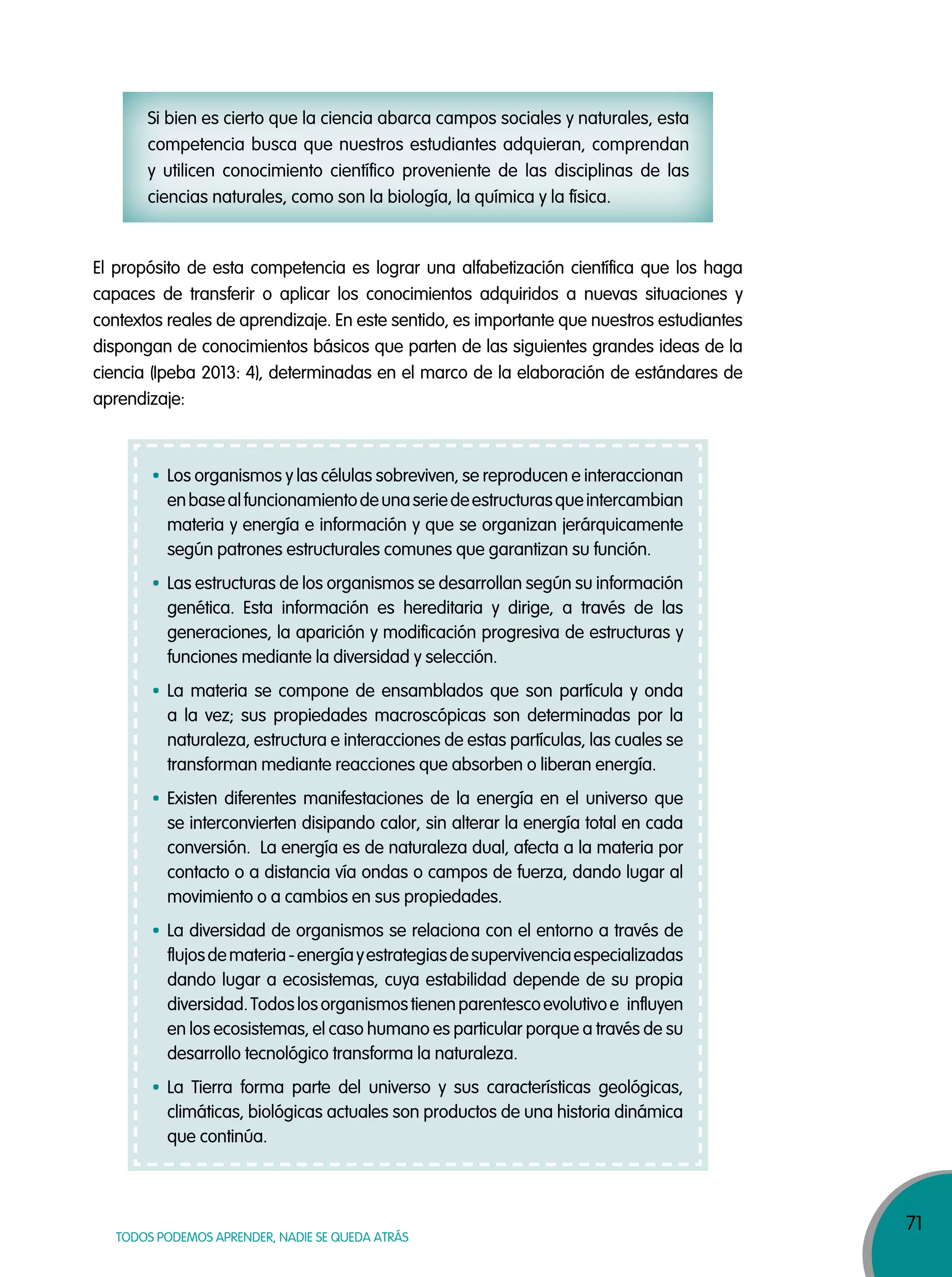 71
TODOS PODEMOS APRENDER, NADIE SE QUEDA ATRÁS
El propósito de esta competencia es lograr una alfabetización científica que los haga
capaces de transferir o aplicar los conocimientos adquiridos a nuevas situaciones y
contextos reales de aprendizaje. En este sentido, es importante que nuestros estudiantes
dispongan de conocimientos básicos que parten de las siguientes grandes ideas de la
ciencia (Ipeba 2013: 4), determinadas en el marco de la elaboración de estándares de
aprendizaje:
Si bien es cierto que la ciencia abarca campos sociales y naturales, esta
competencia busca que nuestros estudiantes adquieran, comprendan
y utilicen conocimiento científico proveniente de las disciplinas de las
ciencias naturales, como son la biología, la química y la física.
Los organismos y las células sobreviven, se reproducen e interaccionan
enbasealfuncionamientodeunaseriedeestructurasqueintercambian
materia y energía e información y que se organizan jerárquicamente
según patrones estructurales comunes que garantizan su función.
Las estructuras de los organismos se desarrollan según su información
genética. Esta información es hereditaria y dirige, a través de las
generaciones, la aparición y modificación progresiva de estructuras y
funciones mediante la diversidad y selección.
La materia se compone de ensamblados que son partícula y onda
a la vez; sus propiedades macroscópicas son determinadas por la
naturaleza, estructura e interacciones de estas partículas, las cuales se
transforman mediante reacciones que absorben o liberan energía.
Existen diferentes manifestaciones de la energía en el universo que
se interconvierten disipando calor, sin alterar la energía total en cada
conversión. La energía es de naturaleza dual, afecta a la materia por
contacto o a distancia vía ondas o campos de fuerza, dando lugar al
movimiento o a cambios en sus propiedades.
La diversidad de organismos se relaciona con el entorno a través de
flujosdemateria-energíayestrategiasdesupervivenciaespecializadas
dando lugar a ecosistemas, cuya estabilidad depende de su propia
diversidad.Todoslosorganismostienenparentescoevolutivoe influyen
en los ecosistemas, el caso humano es particular porque a través de su
desarrollo tecnológico transforma la naturaleza.
La Tierra forma parte del universo y sus características geológicas,
climáticas, biológicas actuales son productos de una historia dinámica
que continúa.
 