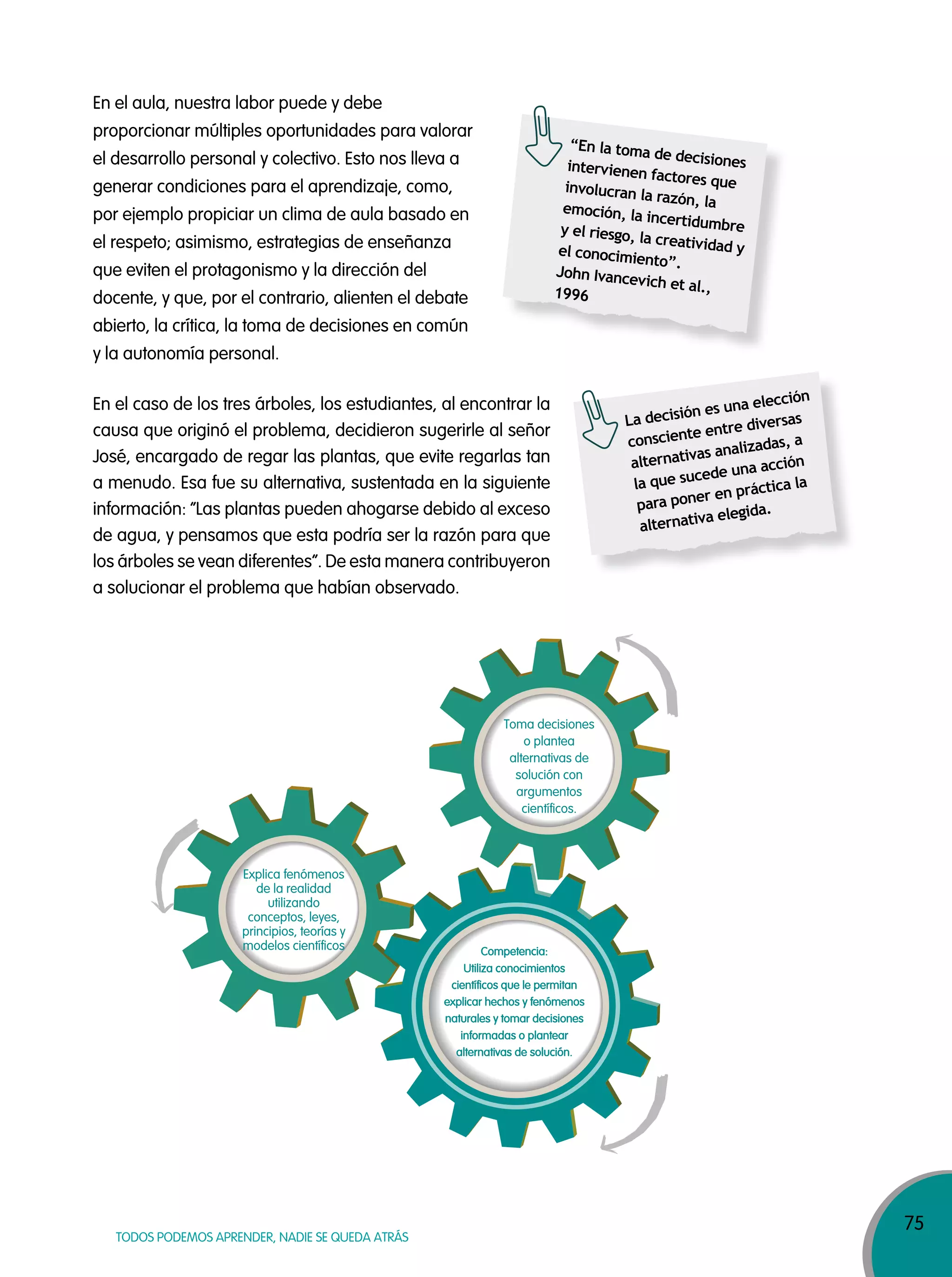 75
TODOS PODEMOS APRENDER, NADIE SE QUEDA ATRÁS
“En la toma de decisionesintervienen factores queinvolucran la razón, laemoción, la incertidumbrey el riesgo, la creatividad yel conocimiento”.
John Ivancevich et al.,1996
En el aula, nuestra labor puede y debe
proporcionar múltiples oportunidades para valorar
el desarrollo personal y colectivo. Esto nos lleva a
generar condiciones para el aprendizaje, como,
por ejemplo propiciar un clima de aula basado en
el respeto; asimismo, estrategias de enseñanza
que eviten el protagonismo y la dirección del
docente, y que, por el contrario, alienten el debate
abierto, la crítica, la toma de decisiones en común
y la autonomía personal.
En el caso de los tres árboles, los estudiantes, al encontrar la
causa que originó el problema, decidieron sugerirle al señor
José, encargado de regar las plantas, que evite regarlas tan
a menudo. Esa fue su alternativa, sustentada en la siguiente
información: “Las plantas pueden ahogarse debido al exceso
de agua, y pensamos que esta podría ser la razón para que
los árboles se vean diferentes”. De esta manera contribuyeron
a solucionar el problema que habían observado.
La decisión es una elección
consciente entre diversas
alternativas analizadas, a
la que sucede una acción
para poner en práctica la
alternativa elegida.
Competencia:
Utiliza conocimientos
científicos que le permitan
explicar hechos y fenómenos
naturales y tomar decisiones
informadas o plantear
alternativas de solución.
Explica fenómenos
de la realidad
utilizando
conceptos, leyes,
principios, teorías y
modelos científicos
Toma decisiones
o plantea
alternativas de
solución con
argumentos
científicos.
 