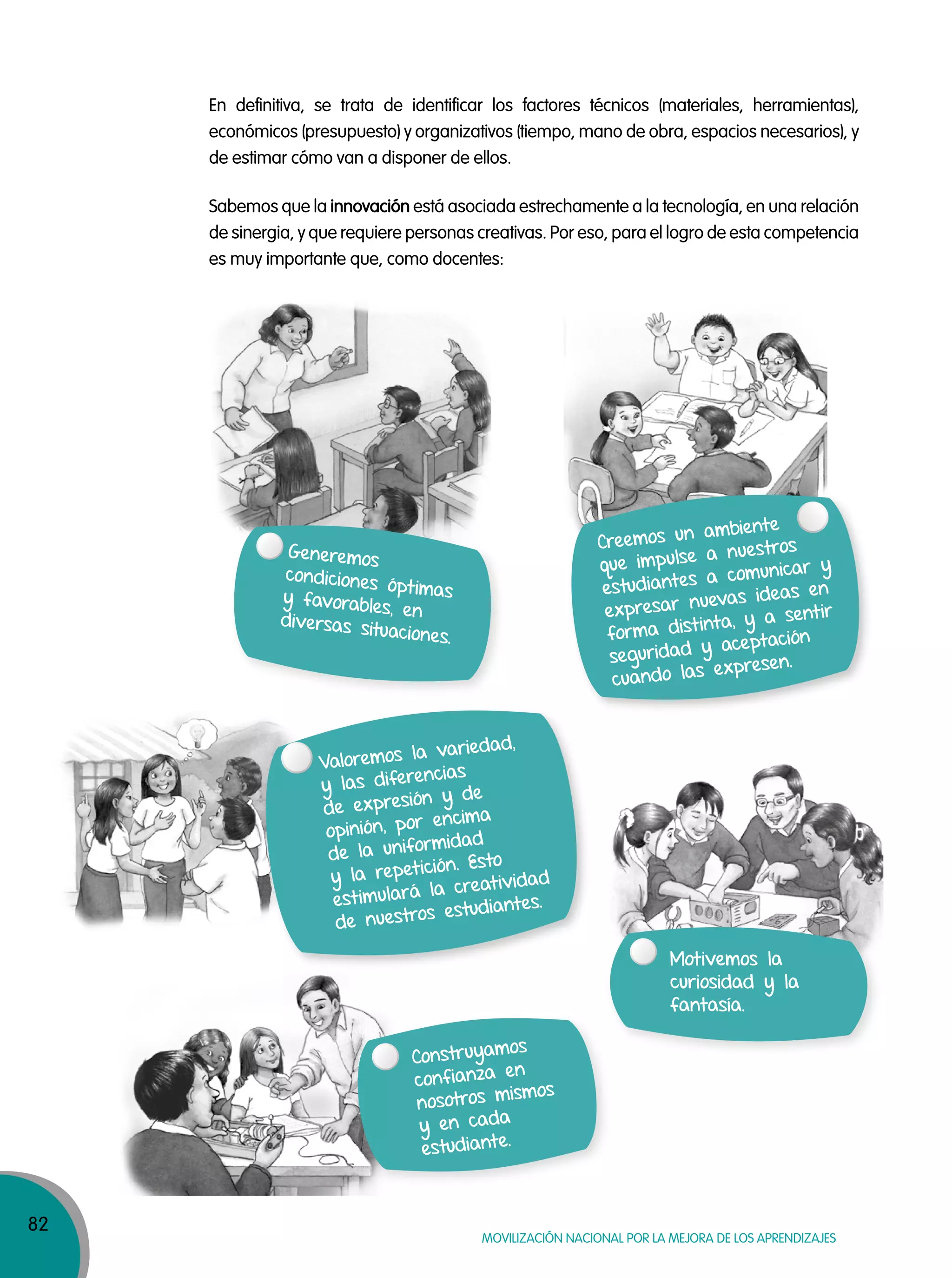 82
MOVILIZACIÓN NACIONAL POR LA MEJORA DE LOS APRENDIZAJES
Sabemos que la innovación está asociada estrechamente a la tecnología, en una relación
de sinergia, y que requiere personas creativas. Por eso, para el logro de esta competencia
es muy importante que, como docentes:
En definitiva, se trata de identificar los factores técnicos (materiales, herramientas),
económicos (presupuesto) y organizativos (tiempo, mano de obra, espacios necesarios), y
de estimar cómo van a disponer de ellos.
Generemos
condiciones óptimasy favorables, endiversas situaciones.
Creemos un ambiente
que impulse a nuestros
estudiantes a comunicar y
expresar nuevas ideas en
forma distinta, y a sentir
seguridad y aceptación
cuando las expresen.
Valoremos la variedad,
y las diferencias
de expresión y de
opinión, por encima
de la uniformidad
y la repetición. Esto
estimulará la creatividad
de nuestros estudiantes.
Motivemos la
curiosidad y la
fantasía.
Construyamos
confianza en
nosotros mismos
y en cada
estudiante.
 