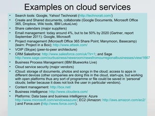 Examples on cloud services 
• Search tools: Google, Yahoo! Technorati (http://technorati.com/) 
• Create and Shared documents, collaborate (Google Documents, Microsoft Office 
365, Dropbox, Wiki tools, IBM LotusLive) 
• Share calendars (major suppliers) 
• Email management: today around 4%, but to be 50% by 2020 (Gartner, report 
September 2011): Google, Microsoft 
• Project management (Microsoft Office 365 Share Point; Manymoon, Basecamp) 
(learn: Project in a Box); http://www.attask.com/ 
• VOIP (Skype) (peer-to-peer architecture) 
• CRM Salesforce: http://www.salesforce.com/uk/?ir=1; and Sage 
http://www.sage.com/ourbusiness/newsroom/newsfromourregionalbusinesses/view/1667 
• Business Process Management (IBM Blueworks Live) 
• Cloud service security (major vendors) 
• iCloud: storage of documents, photos and songs in the cloud; access to apps in 
different devices (other companies are doing this in the cloud, start-ups, but working 
with open platforms thus any sort of programme or file could be saved in ‘personal’ 
clouds; better because it does not lock the user in particular vendors). 
• Content management: http://box.net/ 
• Business intelligence: http://www.cloudera.com/ 
• Platforms: Data base and business intelligence: Azure 
http://www.microsoft.com/windowsazure/; EC2 (Amazon: http://aws.amazon.com/ec2/ 
) and Force.com (http://www.force.com/). 
 