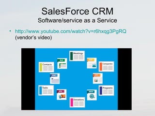 SalesForce CRM 
Software/service as a Service 
• http://www.youtube.com/watch?v=r6hxqg3PgRQ 
(vendor’s video) 
 