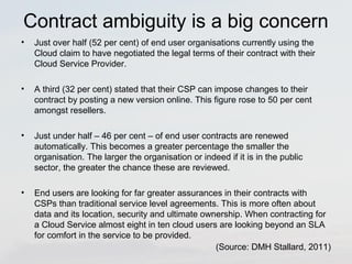 Contract ambiguity is a big concern 
• Just over half (52 per cent) of end user organisations currently using the 
Cloud claim to have negotiated the legal terms of their contract with their 
Cloud Service Provider. 
• A third (32 per cent) stated that their CSP can impose changes to their 
contract by posting a new version online. This figure rose to 50 per cent 
amongst resellers. 
• Just under half – 46 per cent – of end user contracts are renewed 
automatically. This becomes a greater percentage the smaller the 
organisation. The larger the organisation or indeed if it is in the public 
sector, the greater the chance these are reviewed. 
• End users are looking for far greater assurances in their contracts with 
CSPs than traditional service level agreements. This is more often about 
data and its location, security and ultimate ownership. When contracting for 
a Cloud Service almost eight in ten cloud users are looking beyond an SLA 
for comfort in the service to be provided. 
(Source: DMH Stallard, 2011) 
 
