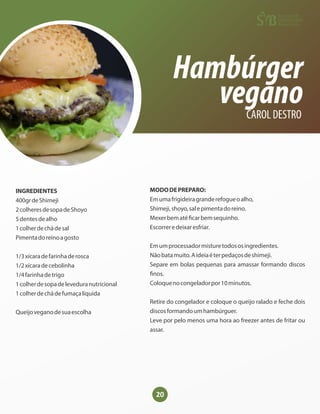 20
Hambúrger
vegano
CAROL DESTRO
INGREDIENTES
400grdeShimeji
2colheresdesopadeShoyo
5dentesdealho
1colherdechádesal
Pimentadoreinoagosto
1/3xícaradefarinhaderosca
1/2xícaradecebolinha
1/4farinhadetrigo
1colherdesopadeleveduranutricional
1colherdechádefumaçalíquida
Queijoveganodesuaescolha
MODODEPREPARO:
Emumafrigideiragranderefogueoalho,
Shimeji,shoyo,salepimentadoreino.
Mexerbematé carbemsequinho.
Escorreredeixaresfriar.
Emumprocessadormisturetodososingredientes.
Nãobatamuito.Aideiaéterpedaçosdeshimeji.
Separe em bolas pequenas para amassar formando discos
nos.
Coloquenocongeladorpor10minutos.
Retire do congelador e coloque o queijo ralado e feche dois
discosformandoumhambúrguer.
Leve por pelo menos uma hora ao freezer antes de fritar ou
assar.
 