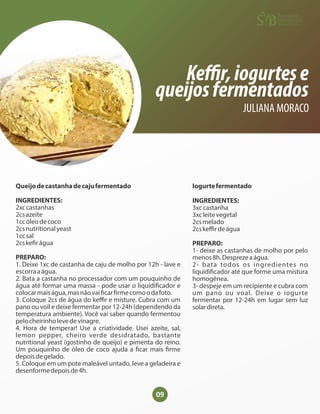 09
Keﬃr,iogurtese
queijosfermentados
JULIANA MORACO
Queijodecastanhadecajufermentado
INGREDIENTES:
2xccastanhas
2csazeite
1ccóleodecoco
2csnutritionalyeast
1ccsal
2cske rágua
PREPARO:
1. Deixe 1xc de castanha de caju de molho por 12h - lave e
escorraaágua.
2. Bata a castanha no processador com um pouquinho de
água até formar uma massa - pode usar o liquidi cador e
colocarmaiságua,masnãovai car rmecomoodafoto.
3. Coloque 2cs de água do keﬃr e misture. Cubra com um
pano ou voil e deixe fermentar por 12-24h (dependendo da
temperatura ambiente). Você vai saber quando fermentou
pelocheirinholevedevinagre.
4. Hora de temperar! Use a criatividade. Usei azeite, sal,
lemon pepper, cheiro verde desidratado, bastante
nutritional yeast (gostinho de queijo) e pimenta do reino.
Um pouquinho de óleo de coco ajuda a car mais rme
depoisdegelado.
5. Coloque em um pote maleável untado, leve a geladeira e
desenformedepoisde4h.
Iogurtefermentado
INGREDIENTES:
3xccastanha
3xcleitevegetal
2csmelado
2cskeﬃrdeágua
PREPARO:
1- deixe as castanhas de molho por pelo
menos8h.Desprezeaágua.
2- bata todos os ingredientes no
liquidi cador até que forme uma mistura
homogênea.
3- despeje em um recipiente e cubra com
um pano ou voal. Deixe o iogurte
fermentar por 12-24h em lugar sem luz
solardireta.
 