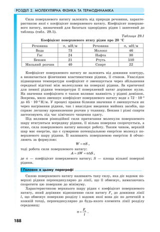 РОЗДІЛ 2. МОЛЕКУЛЯРНА ФІЗИКА ТА ТЕРМОДИНАМІКА
188
Сила поверхневого натягу залежить від природи речовини, характе-
ристикою якої є коєфіцієнт поверхневого натягу. Коефіцієнт поверхне-
вого натягу, визначений для багатьох однорідних рідин і занесений до
таблиць (табл. 29.1).
Таблиця 29.1
Коефіцієнт поверхневого нтягу рідин про 20 °С
Речовина σ, мН/м Речовина σ, мН/м
Вода 73 Молоко 46
Гас 24 Нафта 30
Бензин 21 Ртуть 510
Мильний розчин 40 Спирт 22
Коефіцієнт поверхневого натягу не залежить від довжини контуру,
а визначається фізичними властивостями рідини, її станом. Унаслідок
підвищення температури коефіцієнт σ зменшується через збільшення
середньої відстані між молекулами на поверхні рідини. За критичної
для певної рідини температури її поверхневий натяг дорівнює нулю.
На значення коефіцієнта σ також впливає наявність у рідині домішок.
Зокрема, мило зменшує коефіцієнт поверхневого натягу води з 72 · 10–3
до 45 · 10–3
Н/м. У процесі прання білизни значення σ зменшується як
через нагрівання рідини, так і внаслідок введення мийних засобів, що
сприяє легшому проникненню розчин у тканину. Бензин і різні спирти
застосовують під час хімічного чищення одягу.
Під впливом рівнодійної сили притягання молекули поверхневого
шару втягуються всередину рідини, її вільна поверхня скорочується, а
отже, сила поверхневого натягу виконує роботу. Таким чином, верхній
шар має енергію, що є сумарною потенціальною енергією молекул по-
верхневого шару рідини. Її називають поверхневою енергією й обчис-
люють за формулою:
W S= σ ,
тоді робота сили поверхневого натягу:
A W S= ∆ = σ∆ ,
де σ — коефіцієнт поверхневого натягу; S — площа вільної поверхні
рідини.
! Головне в цьому параграфі
Силою поверхневого натягу називають таку силу, яка діє вздовж по-
верхні рідини перпендикулярно до лінії, що її обмежує, намагаючись
скоротити цю поверхню до мінімуму.
Характеристикою верхнього шару рідин є коефіцієнт поверхневого
натягу, який дорівнює відношенню сили натягу Fн до довжини лінії
l, що обмежує поверхню розділу і вздовж якої вона діє по дотичній в
кожній точці, перпендикулярно до будь-якого елемента лінії розділу
середовищ:
нF
l
σ = .
 