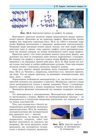 § 32. Будова і властивості твердих тіл
203
Властивості кристала великою мірою визначаються видом криста-
лічної гратки. Пояснимо це на прикладі графіту. Кристалічна ґратка
графіту має шарувату структуру (мал. 32.4, а), тобто в кожному шарі
атоми Карбону розташовані у вершинах правильних шестикутників.
Усередині шару взаємодія атомів доволі сильна, але самі шари слабко
пов’язані один із одним, тому кристал графіту легко розшаровується,
коли ми пишемо олівцем, на папері залишаються тонкі шари графіту.
Кристали однієї і тієї самої речовини можуть мати різну форму, яка
залежить від умов їх утворення; вони можуть відрізнятися і кольором.
На відміну від графіту в кристалі алмаза атоми Карбону розташовані у
вершинах і на серединах граней куба (мал. 34.4, б). При цьому всі ато-
ми сильно пов’язані зі своїми найближчими сусідами. Саме цим міцним
зв’язком атомів і зумовлена унікальна твердість алмаза.
Іноді весь шматок твердої речовини може становити один кристал
(мал. 32.5, а). Такими є, наприклад, шматочки солі, гірського кришта-
лю тощо. Усе це окремі кристали, їх називають монокристалами. (від
грец. моно — один).
Характерною особливістю монокристалів є те, що багато їхніх влас-
тивостей залежать від напрямку в кристалі. Наприклад, кристал слюди
легко розшаровується тільки в одному напрямку Тепло- і електропро-
відність монокристалів у різних напрямках також може бути різною.
Залежність фізичних властивостей від напряму називають анізотро-
пією.
Усі монокристали є анізотропними. Монокристали набули широко-
го застосування у техніці. Майже всі напівпровідникові прилади — це
монокристали зі спеціально введеними домішками, які надають їм тих
чи інших властивостей.
Тіло, яке складається з безлічі не-
впорядковано розміщених маленьких
кристаликів (мал. 32.5, б), називають
полікристалічним або полікристалом
(від грецького полі — багато).
Полікристали, на відміну від мо-
нокристалів, ізотропні, тобто їхні
фізичні властивості не залежать від
напрямку. Це легко зрозуміти, якщо
врахувати, що полікристал склада-
ється з великої кількості маленьких
а б
Мал. 32.4. Кристалічні ґратки: а) графіту; б) алмазу
а б
Мал. 32.5. Кристал мідного
купоросу: а) монокристал;
б) полікристал
 