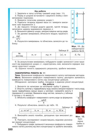 252
Мал. 11. До
лабораторної
роботи №10
Хід роботи
1. Закріпити в лапці штативу гумовий шнур (мал. 11).
2. Поряд зі шнуром встановити і закріпити лінійку з мілі-
метровими поділками.
3. Виміряти початкову довжину шнура l.
4. Підвісити тягарець відомої маси т і виміряти викли-
кане ним видовження х.
5. До першого тягарця додати другий, третій тягарці,
записуючи щоразу видовження пружини х.
6. Визначити діаметр шнура, використовуючи метод рядів.
7. За даними вимірювань обчислити модуль пружності:
mgl
E
d x
=
π 2
.
8. Результати вимірювань та обчислень записати до та-
блиці:
Таблиця 9
№
досліду
m, кг mg, Н |x|, м Е, Па
9. За результатами вимірювань побудувати графік залежності сили пруж-
ності від видовження шнура х і, користуючись ним, визначити середнє зна-
чення жорсткості шнура.
10. Оцінити точність одержаного результату, зробити висновок.
ЛАБОРАТОРНА РОБОТА № 11
Тема. Визначення коефіцієнта поверхневого натягу капілярним методом.
Мета. Визначити коефіцієнт поверхневого натягу, дослідити залежність
коефіцієнта поверхневого натягу від концентрації домішок.
Обладнання: капілярна трубка, посудини з рідиною різної концентрації.
Хід роботи
1. Визначте за написами на капілярній трубці її діаметр.
2. Опустіть капіляр у підфарбовану воду (можна використовувати і чисту воду,
однак підфарбовану краще видно у капілярі) і виміряйте висоту її
піднімання h у капілярі. Вважаючи воду чистою, запишіть у таблицю
її густину ρ та висоту h.
3. Обчисліть коефіцієнт поверхневого натягу води за формулою:
ghDρ
σ =
4
.
4. Результат обчислень занесіть до табл. 10.
Таблиця 10
ρ, кг/м3
h, м D, м σ, Н/м
5. Виконайте аналіз похибок, допущених при виконанні до-
сліду.
6. Повторіть експеримент скориставшись водними розчина-
ми відомої концентрації.
7. Побудувати графік залежності величини коефіцієнта поверх-
невого натягу розчину від його концентрації та зробити висновок.
Мал. 12.
Капі-
лярна
трубка в
рідині
h
 