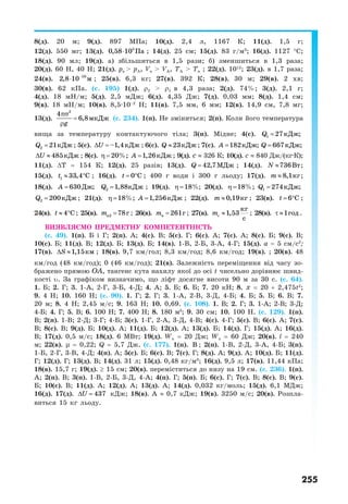 255
8(д). 20 м; 9(д). 897 МПа; 10(д). 2,4 л, 1167 К; 11(д). 1,5 г;
12(д). 550 мг; 13(д). 5
0,58 10 Па⋅ ; 14(д). 25 см; 15(д). 83 г/м3
; 16(д). 1127 °С;
18(д). 90 мл; 19(д). а) збільшиться в 1,5 рази; б) зменшиться в 1,3 раза;
20(д). 60 Н, 40 Н; 21(д). рв > рA, Vв > VA, ТA > Тв ; 22(д). 1012
; 23(д). в 1,7 раза;
24(в). 10
2,8 10 м−
⋅ ; 25(в). 6,3 кг; 27(в). 392 К; 28(в). 30 м; 29(в). 2 хв;
30(в). 62 кПа. (с. 195) 1(д). ρ2 > ρ1 в 4,3 раза; 2(д). 74%; 3(д). 2,1 г;
4(д). 18 мН/м; 5(д). 2,5 мДж; 6(д). 4,35 Дж; 7(д). 0,03 мм; 8(д). 1,4 см;
9(в). 18 мН/м; 10(в). 8,5·10–2
Н; 11(в). 7,5 мм, 6 мм; 12(в). 14,9 см, 7,8 мг;
13(д).
2
4
6,8мкДж
g
πσ
=
ρ
(с. 234). 1(п). Не зміниться; 2(п). Коли його температура
вища за температуру контактуючого тіла; 3(п). Мідне; 4(с). 1 27 ;кДжQ =
2 21кДжQ = ; 5(с). –1,4кДжU∆ = ; 6(с). 23кДжQ ≈ ; 7(с). 182 ;кДжА = 667 ;кДжQ =
485кДжU∆ ≈ ; 8(с). 20%;η = 1,26кДжА = ; 9(д). c ≈ 326 К; 10(д). с ≈ 840 Дж/(кг·К);
11(д). ∆Т = 154 К; 12(д). 25 разів; 13(д). 42,7МДжQ = ; 14(д). 736ВтN ≈ ;
15(д). 1 33,4 Ct ≈ ° ; 16(д). 0 Ct = ° ; 400 г води і 300 г льоду; 17(д). 8,1кгm ≈ ;
18(д). 630 ;ДжА = 2 1,88кДжQ = ; 19(д). 18%η = ; 20(д). 18%;η = 1 274 ;кДжQ =
2 200кДжQ = ; 21(д). 18%;η = 1,256кДжА = ; 22(д). 0,19кгm ≈ ; 23(в). 6 Ct = ° ;
24(в). 4 Ct ≈ ° ; 25(в). в2 78гm = ; 26(в). в 261гm = ; 27(в). 1,53
кг
с
сm ≈ ; 28(в). 1годτ ≈ .
ВИЯВЛЯЄМО ПРЕДМЕТНУ КОМПЕТЕНТНІСТЬ
(с. 49). 1(п). Б і Г; 2(п). А; 4(с). В; 5(с). Г; 6(с). А; 7(с). А; 8(с). Б; 9(с). В;
10(с). Б; 11(д). В; 12(д). Б; 13(д). Б; 14(в). 1-В, 2-Б, 3-А, 4-Г; 15(д). а = 5 см/с2
;
17(в). 1,15кмS∆ ≈ ; 18(в). 9,7 км/гол; 8,3 км/год; 8,6 км/год; 19(в). ; 20(в). 48
км/год (48 км/год); 0 (46 км/год); 21(в). Залежність переміщення від часу зо-
бражено прямою ОA, тангенс кута нахилу якої до осі t чисельно дорівнює швид-
кості υ. За графіком визначимо, що ліфт досягне висоти 90 м за 30 с. (с. 64).
1. Б; 2. Г; 3. 1-А, 2-Г, 3-Б, 4-Д; 4. А; 5. Б; 6. Б; 7. 20 кН; 8. x = 20 + 2,475t2
;
9. 4 Н; 10. 160 Н; (с. 90). 1. Г; 2. Г; 3. 1-А, 2-В, 3-Д, 4-Б; 4. Б; 5. Б; 6. В; 7.
20 м; 8. 4 Н; 2,45 м/с; 9. 163 Н; 10. 0,69. (с. 108). 1. В; 2. Г; 3. 1-А; 2-В; 3-Д;
4-Б; 4. Г; 5. В; 6. 100 Н; 7. 400 Н; 8. 180 м3
; 9. 30 см; 10. 100 Н. (с. 129). 1(п).
В; 2(п). 1-В; 2-Д; 3-Г; 4-Б; 3(с). 1-Г, 2-А, 3-Д, 4-В; 4(с). 4-Г; 5(с). В; 6(с). А; 7(с).
В; 8(с). В; 9(д). Б; 10(д). А; 11(д). Б; 12(д). А; 13(д). Б; 14(д). Г; 15(д). А; 16(д).
В; 17(д). 0,5 м/с; 18(д). 6 МВт; 19(д). Wк = 20 Дж; Wп = 60 Дж; 20(в). l = 240
м; 22(в). µ = 0,22; Q = 5,7 Дж. (с. 177). 1(п). В ; 2(п). 1-В, 2-Д, 3-А, 4-Б; 3(п).
1-Б, 2-Г, 3-В, 4-Д; 4(п). А; 5(с). Б; 6(с). В; 7(с). Г; 8(д). А; 9(д). А; 10(д). Б; 11(д).
Г; 12(д). Г; 13(д). В; 14(д). 31 л; 15(д). 0,48 кг/м3
; 16(д). 9,5 л; 17(в). 11,44 кПа;
18(в). 15,7 г; 19(д). ≥ 15 см; 20(в). переміститься до низу на 19 см. (с. 236). 1(п).
А; 2(п). В; 3(п). 1-В, 2-Б, 3-Д, 4-А; 4(п). Г; 5(п). Б; 6(с). Г; 7(с). В; 8(с). В; 9(с).
Б; 10(с). В; 11(д). А; 12(д). А; 13(д). А; 14(д). 0,032 кг/моль; 15(д). 6,1 МДж;
16(д). 17(д). 437U∆ = кДж; 18(в). А ≈ 0,7 кДж; 19(в). 3250 м/с; 20(в). Розпла-
виться 15 кг льоду.
 
