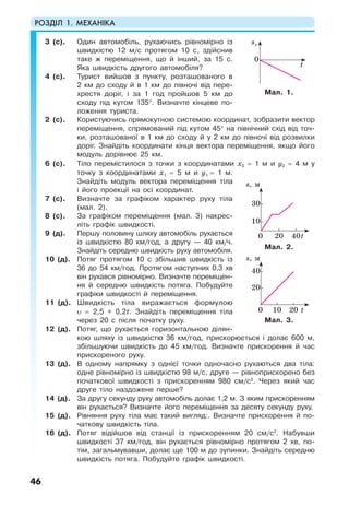 РОЗДІЛ 1. МЕХАНІКА
46
3 (с). Один автомобіль, рухаючись рівномірно із
швидкістю 12 м/с протягом 10 с, здійснив
таке ж переміщення, що й інший, за 15 с.
Яка швидкість другого автомобіля?
4 (с). Турист вийшов з пункту, розташованого в
2 км до сходу й в 1 км до півночі від пере-
хрестя доріг, і за 1 год пройшов 5 км до
сходу під кутом 135°. Визначте кінцеве по-
ложення туриста.
2 (с). Користуючись прямокутною системою координат, зобразити вектор
переміщення, спрямований під кутом 45° на північний схід від точ-
ки, розташованої в 1 км до сходу й у 2 км до півночі від розвилки
доріг. Знайдіть координати кінця вектора переміщення, якщо його
модуль дорівнює 25 км.
6 (с). Тіло перемістилося з точки з координатами х0 = 1 м и y0 = 4 м у
точку з координатами x1 = 5 м и y1 = 1 м.
Знайдіть модуль вектора переміщення тіла
і його проекції на осі координат.
7 (с). Визначте за графіком характер руху тіла
(мал. 2).
8 (с). За графіком переміщення (мал. 3) накрес-
літь графік швидкості.
9 (д). Першу половину шляху автомобіль рухається
із швидкістю 80 км/год, а другу — 40 км/ч.
Знайдіть середню швидкість руху автомобіля.
10 (д). Потяг протягом 10 с збільшив швидкість із
36 до 54 км/год. Протягом наступних 0,3 хв
він рухався рівномірно. Визначте переміщен-
ня й середню швидкість потяга. Побудуйте
графіки швидкості й переміщення.
11 (д). Швидкість тіла виражається формулою
υ = 2,5 + 0,2t. Знайдіть переміщення тіла
через 20 с після початку руху.
12 (д). Потяг, що рухається горизонтальною ділян-
кою шляху із швидкістю 36 км/год, прискорюється і долає 600 м,
збільшуючи швидкість до 45 км/год. Визначте прискорення й час
прискореного руху.
13 (д). В одному напрямку з однієї точки одночасно рухаються два тіла:
одне рівномірно із швидкістю 98 м/с, друге — рівноприскорено без
початкової швидкості з прискоренням 980 см/с2
. Через який час
друге тіло наздожене перше?
14 (д). За другу секунду руху автомобіль долає 1,2 м. З яким прискоренням
він рухається? Визначте його переміщення за десяту секунду руху.
15 (д). Рівняння руху тіла має такий вигляд:. Визначте прискорення й по-
чаткову швидкість тіла.
16 (д). Потяг відійшов від станції із прискоренням 20 см/с2
. Набувши
швидкості 37 км/год, він рухається рівномірно протягом 2 хв, по-
тім, загальмувавши, долає ще 100 м до зупинки. Знайдіть середню
швидкість потяга. Побудуйте графік швидкості.
Мал. 1.
Мал. 2.
Мал. 3.
t
0
sx
t0 10
20
40
20
s, м
t0 20
10
30
40
s, м
 