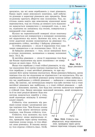 § 15. Рівновага тіл
97
зрозуміло, що всі вони перебувають у стані рівноваги.
Однак варто лише невеликого поштовху, щоб побачи-
ти різницю в характері рівноваги цих предметів. Вони
по-різному прагнуть зберегти своє положення. Так, на-
стільна лампа навіть при невеликому відхиленні може
перекинутися, тоді як стілець до певного кута відхилен-
ня намагається повернутися у попередній стан, а лам-
па, підвішена на ланцюжку під стелею, повертається у
попередній стан завжди.
Кулька на горизонтальній поверхні після поштовху
не намагається ані повернутися у попереднє положення,
ані віддалитися від нього. Залежно від того, як неіс-
тотні додаткові впливи позначаються на рівновазі тіл,
розрізняють стійку, нестійку і байдужу рівновагу:
1) стійка рівновага — після її порушення тіло само-
чинно повернеться в це положення (мал. 15.5, а);
2) байдужа рівновага — тіло, після виведення його
в сусіднє положення, залишиться в новому положенні
(мал. 15.5, б).
3) нестійка рівновага — після її порушення тіло буде
ще більше відхилятися від цього положення і не повер-
тається до нього (мал. 15.5, в);
Якщо тіло перебуває у стані стійкої рівноваги, то під
час відхилення його центр тяжіння піднімається. Якщо
тіло перебуває у стані нестійкої рівноваги, то при від-
хиленні його центр тяжіння опускається. Якщо рівновага байдужа, центр
тяжіння тіла під час відхилення не піднімається і не опускається. Під час
перебування тіла в нестійкій рівновазі центр тяжіння займає найвище, а
під час перебування у стійкій рівновазі — найнижче з можливих поло-
жень. Це означає, що потенціальна енергія тіла (або системи тіл) у стані
нестійкої рівноваги має найбільше, а у стані стійкої рівноваги — най-
менше з можливих значень. Але будь-яка система намагається перейти
у стійкий стан. Звідси випливає важливий висновок, який поширюєть-
ся й на інші розділи фізики: будь-яка
система намагається перейти у стан,
який відповідає мінімуму її потенці-
альної енергії.
Стійкість тіла залежить від роз-
мірів площі опори і розміщення цен-
тра тяжіння тіла. Чим більша площа
опори і чим нижче міститься центр
тяжіння, тим більша стійкість тіла.
Стійкість тіла залежить від кута
його нахилу: якщо вертикальна лі-
нія, проведена через центр тяжіння,
перетинає площу опори, то тіло збері-
гає свою рівновагу. В іншому випад-
ку тіло втрачає стійкість (мал. 15.6).
Мал. 15.6. Стійкість тіла
зберігається, якщо верикальна
лінія, проведена через центр
тяжіння перетинає площину опори
Мал. 15.5.
Види рівноваги
а
б
в
Ц.Т. Ц.Т.
mg mg
 