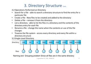 3. Directory Structure                         Cntd…

3.2 Operations Performed on Directory
• Search for a file - able to search a directory structure to find the entry for a
   particular file
• Create a file - New files to be created and added to the directory
• Delete a file – remove it from the directory
• List a directory - able to list the files in a directory and the contents of the
   directory entry for each file
• Rename a file - change the name when the contents or use of the file
   changes
• Traverse the file system - access every directory and every file within a
   directory structure
3.3 Single-Level Directory




 Naming and Grouping problem Since all files are in the same directory
                             Loganathan R, CSE, HKBKCE                         11
 