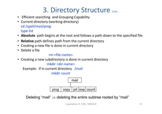 3. Directory Structure                      Cntd…

• Efficient searching and Grouping Capability
• Current directory (working directory)
  cd /spell/mail/prog
  type list
• Absolute path begins at the root and follows a path down to the specified file
• Relative path defines path from the current directory
• Creating a new file is done in current directory
• Delete a file
                    rm <file-name>
• Creating a new subdirectory is done in current directory
                   mkdir <dir-name>
   Example: if in current directory /mail
                       mkdir count
                                   mail

                      prog   copy prt exp count

     Deleting “mail”  deleting the entire subtree rooted by “mail”
                              Loganathan R, CSE, HKBKCE                      14
 