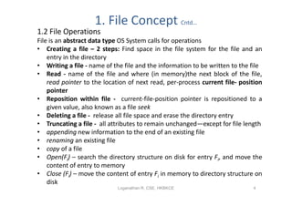 1. File Concept Cntd…
1.2 File Operations
File is an abstract data type OS System calls for operations
• Creating a file – 2 steps: Find space in the file system for the file and an
    entry in the directory
• Writing a file - name of the file and the information to be written to the file
• Read - name of the file and where (in memory)the next block of the file,
    read pointer to the location of next read, per-process current file- position
    pointer
• Reposition within file - current-file-position pointer is repositioned to a
    given value, also known as a file seek
• Deleting a file - release all file space and erase the directory entry
• Truncating a file - all attributes to remain unchanged—except for file length
• appending new information to the end of an existing file
• renaming an existing file
• copy of a file
• Open(Fi) – search the directory structure on disk for entry Fi, and move the
    content of entry to memory
• Close (Fi) – move the content of entry Fi in memory to directory structure on
    disk
                            Loganathan R, CSE, HKBKCE                        4
 