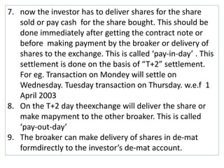 7. now the investor has to deliver shares for the share
sold or pay cash for the share bought. This should be
done immediately after getting the contract note or
before making payment by the broaker or delivery of
shares to the exchange. This is called ‘pay-in-day’ . This
settlement is done on the basis of “T+2” settlement.
For eg. Transaction on Mondey will settle on
Wednesday. Tuesday transaction on Thursday. w.e.f 1
April 2003
8. On the T+2 day theexchange will deliver the share or
make mapyment to the other broaker. This is called
‘pay-out-day’
9. The broaker can make delivery of shares in de-mat
formdirectly to the investor’s de-mat account.
 