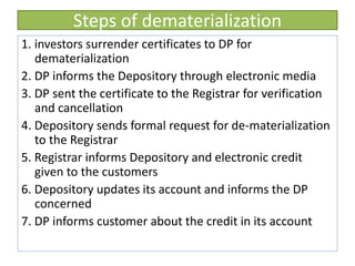Steps of dematerialization
1. investors surrender certificates to DP for
dematerialization
2. DP informs the Depository through electronic media
3. DP sent the certificate to the Registrar for verification
and cancellation
4. Depository sends formal request for de-materialization
to the Registrar
5. Registrar informs Depository and electronic credit
given to the customers
6. Depository updates its account and informs the DP
concerned
7. DP informs customer about the credit in its account
 
