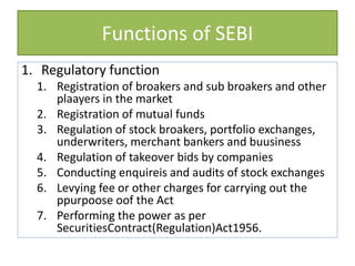 Functions of SEBI
1. Regulatory function
1. Registration of broakers and sub broakers and other
plaayers in the market
2. Registration of mutual funds
3. Regulation of stock broakers, portfolio exchanges,
underwriters, merchant bankers and buusiness
4. Regulation of takeover bids by companies
5. Conducting enquireis and audits of stock exchanges
6. Levying fee or other charges for carrying out the
ppurpoose oof the Act
7. Performing the power as per
SecuritiesContract(Regulation)Act1956.
 