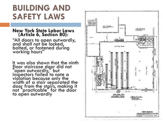 BUILDING AND
SAFETY LAWS
New York State Labor Laws
(Article 6, Section 80):
“All doors to open outwardly,
and shall not be locked,
bolted, or fastened during
working hours”
It was also shown that the ninth
floor staircase door did not
"open outwardly," but
inspectors failed to note a
violation because only the
width of a stair separated the
door from the stairs, making it
not "practicable" for the door
to open outwardly
 