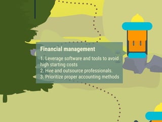 Financial management
1. Leverage software and tools to avoid
high starting costs
2. Hire and outsource professionals.
3. Prioritize proper accounting methods
 