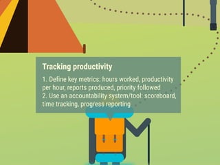 Tracking productivity
1. Define key metrics: hours worked, productivity
per hour, reports produced, priority followed
2. Use an accountability system/tool: scoreboard,
time tracking, progress reporting
 