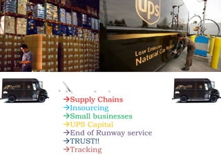  Supply Chains   Insourcing   Small businesses   UPS Capital   End of Runway service   TRUST!!    Tracking  