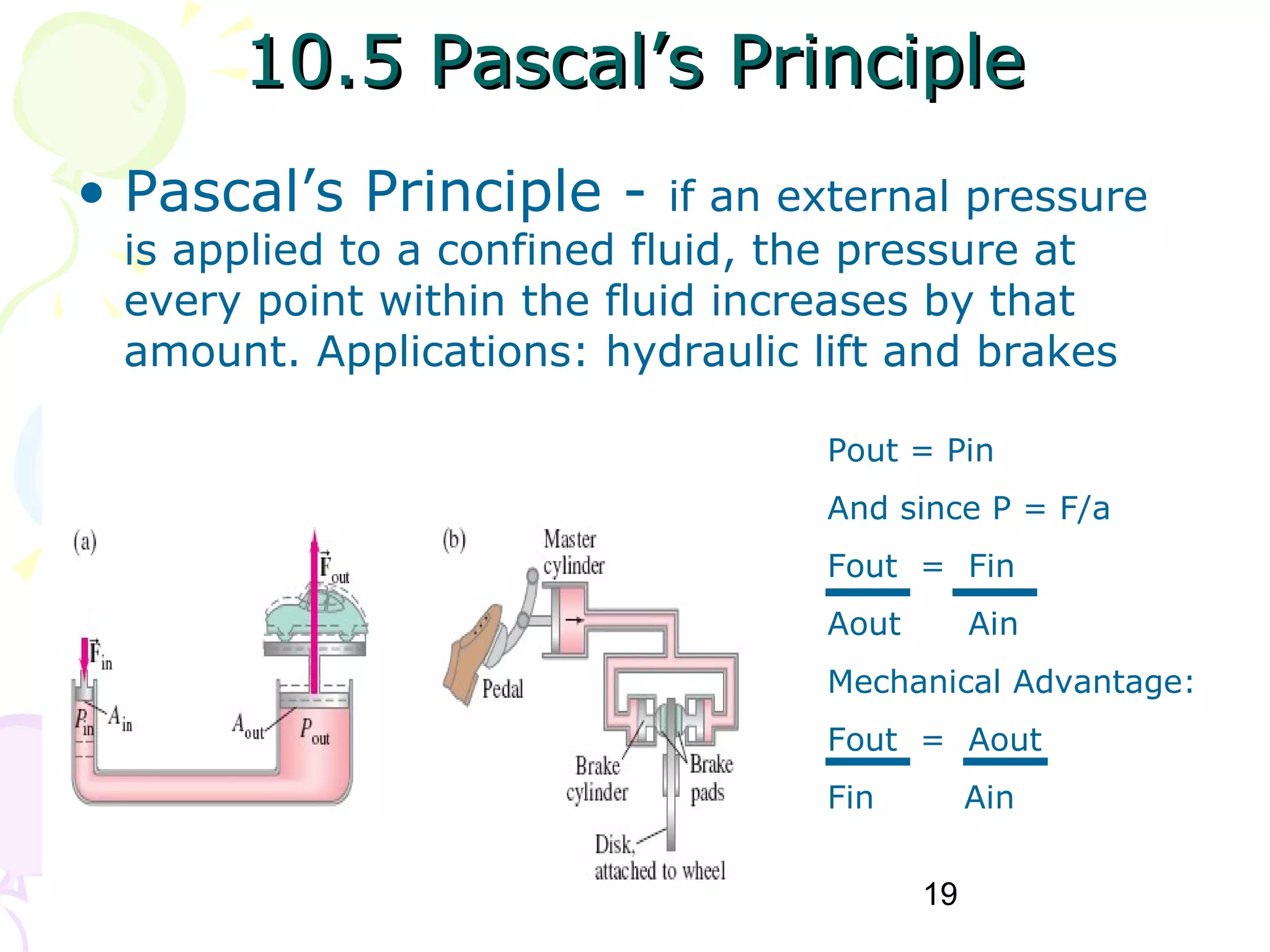 19
10.5 Pascal’s Principle10.5 Pascal’s Principle
• Pascal’s Principle - if an external pressure
is applied to a confined fluid, the pressure at
every point within the fluid increases by that
amount. Applications: hydraulic lift and brakes
Pout = Pin
And since P = F/a
Fout = Fin
Aout Ain
Mechanical Advantage:
Fout = Aout
Fin Ain
 