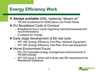 Energy Efficiency Work

 Always available xDSL replacing “always on”
   – TR-202 Guidelines for ADSL2plus Low Power Mode
 EU Broadband Code of Conduct
   – Broadband Forum inputs regarding methods/measurement
     recommendations
   – A catalyst for change
 Early stage development of EE test suite
   – WT-189: Energy Efficiency Test Plan: Network Equipment
   – WT-190: Energy Efficiency Test Plan: End-user Equipment
 Home Environment Focus
   – PD-174 Cascaded energy management enhancements to
     TR-069 emerge
   – WT-124 issue 2, which will include new EE requirements for
     Residential Gateways


                              13
 