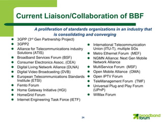 Current Liaison/Collaboration of BBF
             A proliferation of standards organizations in an industry that
                        is consolidating and converging
 3GPP (3rd Gen Partnership Project)
 3GPP2                                       International Telecommunication
 Alliance for Telecommunications industry     Union (ITU-T), multiple SGs
  Solutions (ATIS)                            Metro Ethernet Forum (MEF)
 Broadband Services Forum (BSF)              NGMN Alliance: Next Gen Mobile
 Consumer Electronics Assoc. (CEA)            Network Alliance
 Digital Living Network Alliance (DLNA)      MultiService Forum (MSF)
 Digital Video Broadcasting (DVB)            Open Mobile Alliance (OMA)
 European Telecommunications Standards       Open IPTV Forum
  Institute (ETSI)                            TeleManagement Forum (TMF)
 Femto Forum                                 Universal Plug and Play Forum
 Home Gateway Initiative (HGI)                (UPnP)
 HomeGrid Forum                              WiMax Forum
 Internet Engineering Task Force (IETF)



                                        24
 