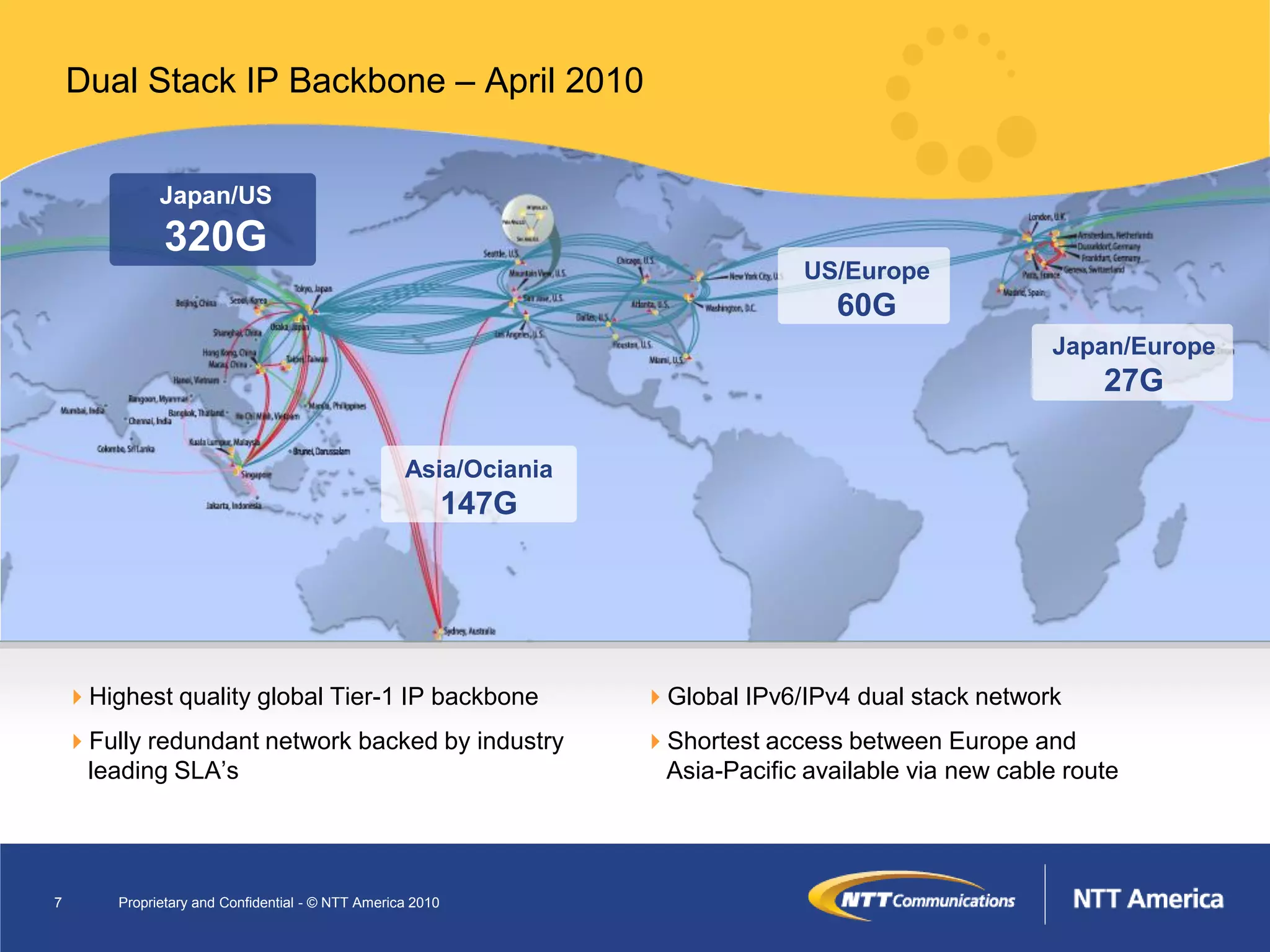 Dual Stack IP Backbone – April 2010


              Japan/US
              320G
                                                                                 US/Europe
                                                                                    60G
                                                                                                        Japan/Europe
                                                                                                            27G

                                                   Asia/Ociania
                                                            147G




    Highest quality global Tier-1 IP backbone                     Global IPv6/IPv4 dual stack network
    Fully redundant network backed by industry                    Shortest access between Europe and
     leading SLA’s                                                  Asia-Pacific available via new cable route




7       Proprietary and Confidential - © NTT America 2010
 