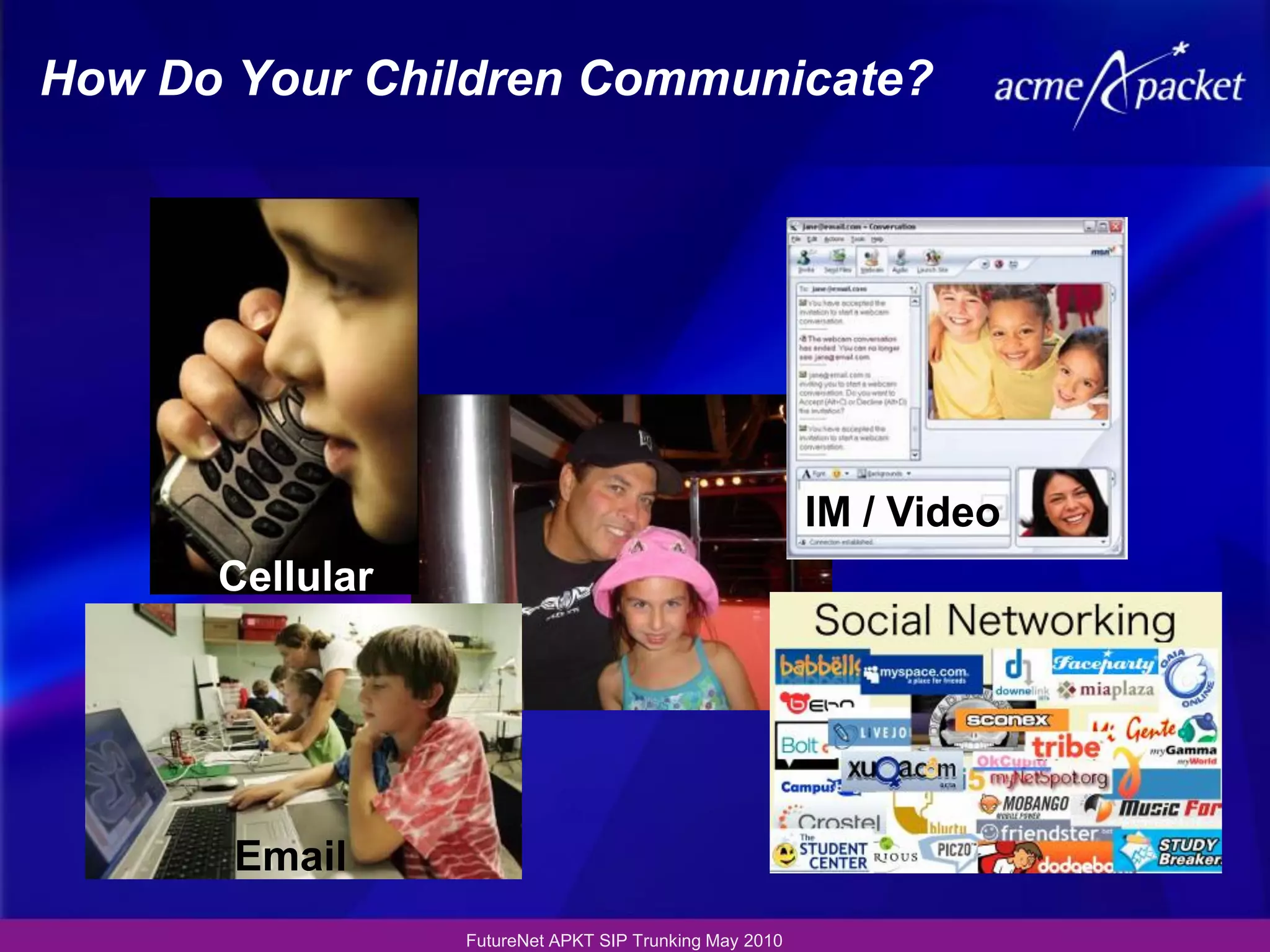 How Do Your Children Communicate?




                                                        IM / Video
      Cellular




       Email
                 FutureNet APKT SIP Trunking May 2010
 