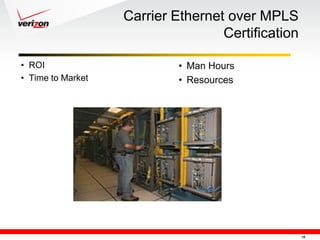Carrier Ethernet over MPLS
                                   Certification

• ROI                       • Man Hours
• Time to Market            • Resources




                                                   18
 