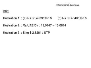International Business
Ans:
Illustration 1. : (a) Rs 35.4939/Can $ (b) Rs 35.4040/Can $
Illustration 2. : Rs/UAE Dir : 13.0147 – 13.0814
Illustration 3. : Sing $ 2.8281 / STP
 